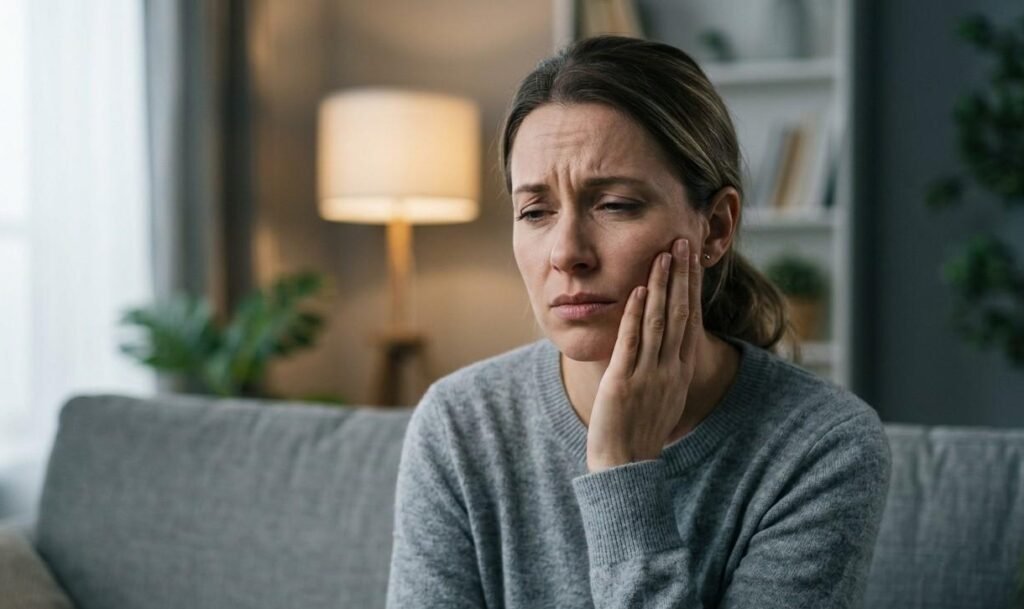 A person in severe pain holding their jaw due to tooth nerve sensitivity, representing the search for how to kill tooth pain nerve in 3 seconds permanently.