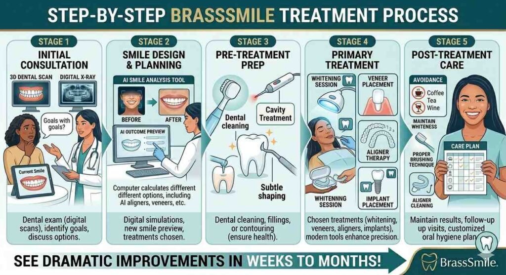 A detailed infographic illustration showing the five stages of the BrassSmile dental treatment process: Initial Consultation, Smile Design & Planning with AI, Pre-Treatment Prep, Primary Treatment (whitening, veneers, aligners, implants), and Post-Treatment Care plan.