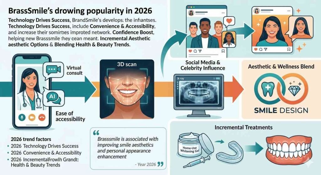A professional infographic showing 2026 cosmetic dentistry trends including 3D dental scans, virtual consultations, and the blend of health and beauty in smile design.