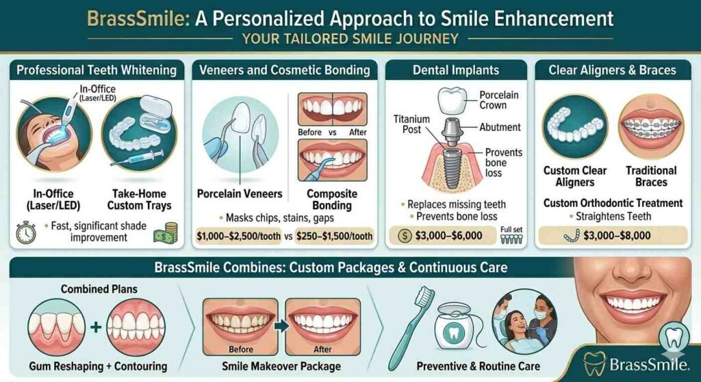 An infographic detailing various modern dental treatments and cosmetic procedures available through BrassSmile.