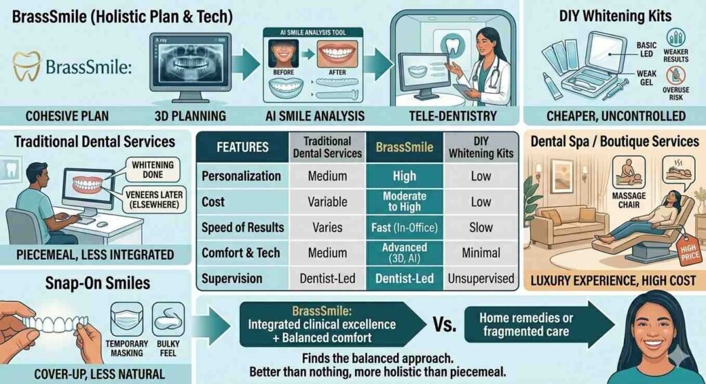 A detailed comparison infographic contrasting BrassSmile (holistic, tech-driven, dentist-led) against DIY whitening kits, traditional dental services, dental spas, and snap-on smiles, featuring a comparison table of cost, personalization, speed, and comfort.